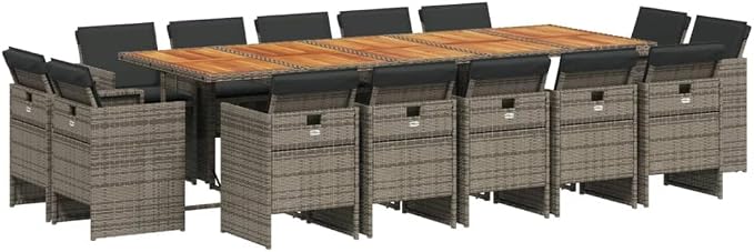 15-Piece Patio Dining Set with Cushions Gray Poly Rattan Outdoor Furniture Set for Backyard Garden Balcony Porch with Foldable Chairs and Acacia Wood Table