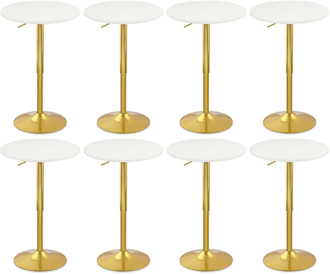 CLATINA Round Bar Pub Tables Set of 8, 26"-36" Height Adjustable Bistro Table with Gold Base, 360° Swivel High Top Cocktail Table for Home Kitchen Party Drink Restaurant Wedding Cafe Reception, White