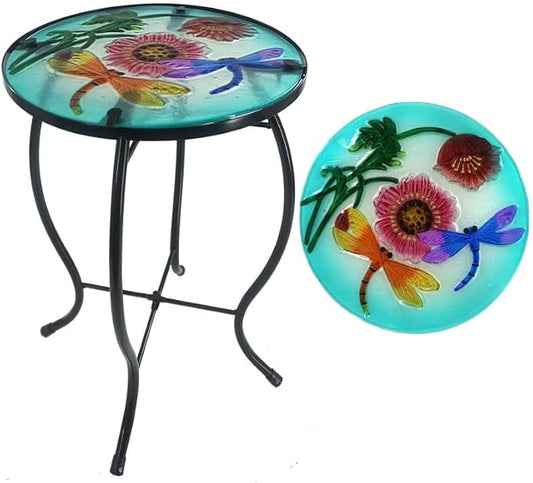 12 Inch Round Dragonfly Glass Side Table, Patio Small Table, Outdoor Side Table, Outdoor Bar Table, Metal Glass End Table for Porch Garden Patio Pool Living Room