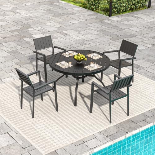 47" Round Faux Wood Patio Table with Umbrella Hole – Realistic Wood Grain Slat Top, Rust-Resistant Metal Legs, Outdoor Dining Table for 6 for Patio Deck Backyard, Black