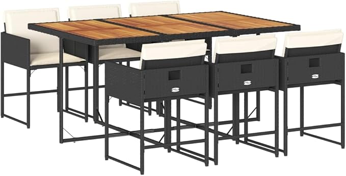 7 Piece Outdoor Patio Dining Set, PE Rattan Garden Table and 6 Foldable Chairs with Cushions, Black Weather-Resistant Backyard Furniture
