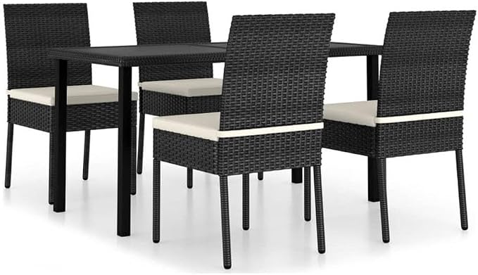 BOWERY HILL 5-Piece Rectangular Patio Dining Set, Black Poly Rattan and Glass, Powder-Coated Steel Frame, Weather-Resistant Cushions, Indoor/Outdoor Use, Compact Design for Garden or Terrace