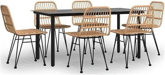Afuera Living Contemporary 7 Piece Patio Dining Set, Black Powder-Coated Steel Frame, Rectangular Tempered Glass Table with 6 Poly Rattan Chairs, Weather Resistant Outdoor Furniture for Garden,