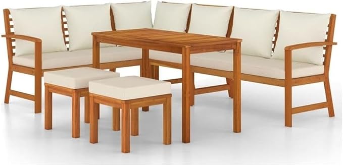 Afuera Living 7-Piece Garden Dining Set, Solid Acacia Wood, Cream White Cushions, Modular Design, Oiled Finish, Outdoor Patio Furniture, Seats 6, Includes Benches, Corner Sofa, Footstools, Dining