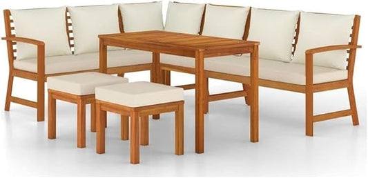 Afuera Living 7-Piece Garden Dining Set, Solid Acacia Wood, Cream White Cushions, Modular Design, Oiled Finish, Outdoor Patio Furniture, Seats 6, Includes Benches, Corner Sofa, Footstools, Dining