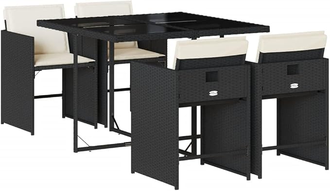 5 Piece Patio Dining Set with Cushions Black Poly Rattan Outdoor Furniture Table and 4 Chairs Foldable Stackable for Garden Backyard Deck Tempered Glass Top UV Proof 242.5 lb Capacity