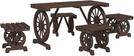 5-Piece Burnt Fir Wood Patio Dining Set with Wagon Wheel Design | Features 1 round table and 4 matching stools, providing rustic outdoor seating for backyard, garden, or porch.