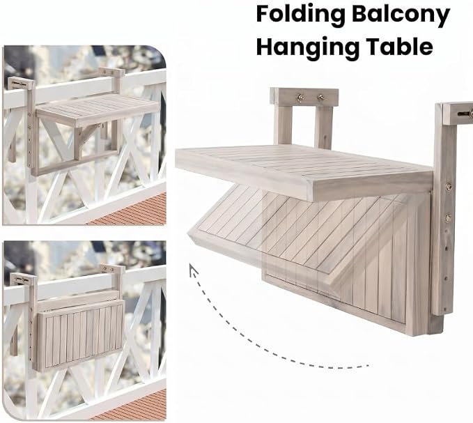 Acacia Wood Balcony Hanging Table – Stable Fixed Outdoor Railing Table – Weather-Resistant White Finish – Adjustable Mounting for Small Balcony, Patio, and Porch