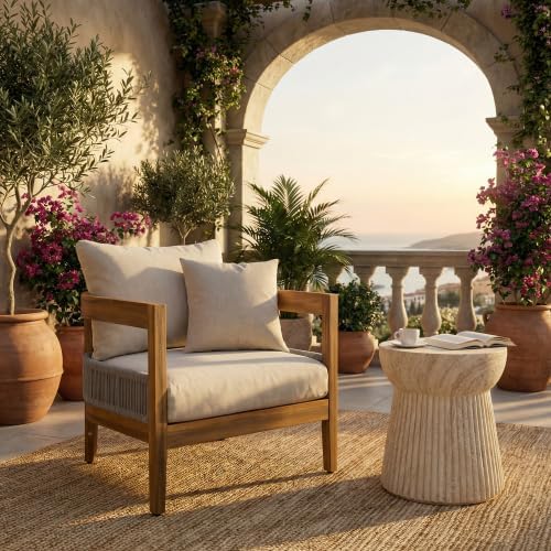 Outdoor Side Table Faux Marble End Table Faux Stone Side Tables Travertine Small Coffee Tables for Indoor Outdoor, Garden Stool Plant Stand for Porch, Backyard Patio, 15"*15"*16.75"-Beige