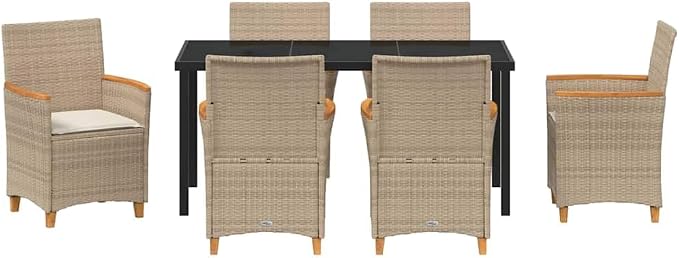 7 Piece Garden Dining Set, Beige Poly Rattan Outdoor Patio Furniture with 6 Cushioned Chairs and Glass Tabletop