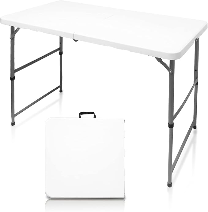 4FT Folding Table Height Adjustable Fold in Half Portable Utility Table with Handle, Lightweight Plastic HDPE Folding Table for Indoor Outdoor Picnic, Party, Camping Use (White)