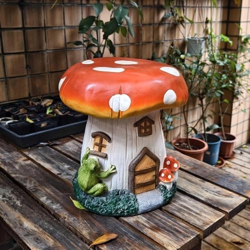 13.4" Mushroom House Resin Stool, Fairy Forest Sculpture Decorative Seat, Multifunctional Ornament for Indoor Outdoor Garden Lawn Courtyard Home Decoration (Red Mushroom)
