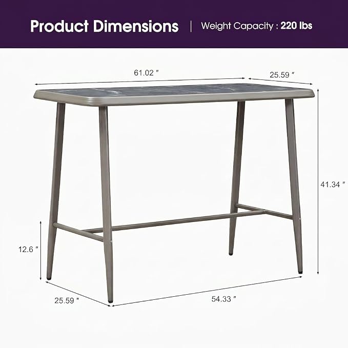 PURPLE LEAF Rectangular Patio Bar High Table Aluminum Stool Dining Table for Kitchen Indoor Outside Grey