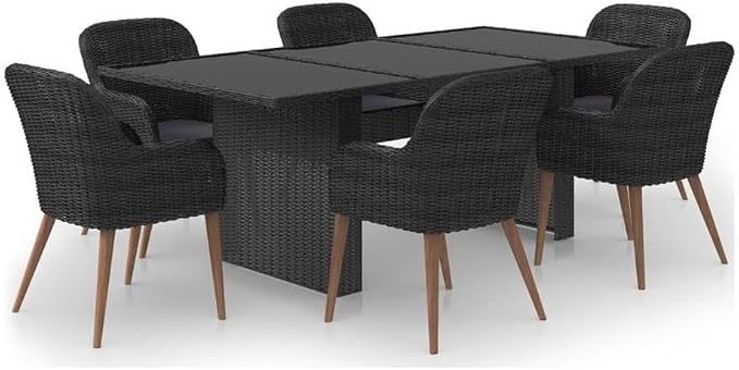 Afuera Living Contemporary 7 Piece Patio Dining Set, Black PE Rattan, Powder-Coated Steel Frame, Glass Tabletop, Weatherproof Outdoor Furniture with Washable Polyester Cushions for Garden or Patio Use