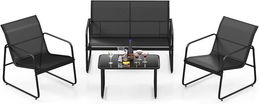 Tangkula 4 Pieces Patio Furniture Set, Outdoor Conversation Set with Tempered Glass Coffee Table, Outdoor Garden Porch Furniture Set with Breathable Fabric and Rustproof Metal Frame (1, Black)