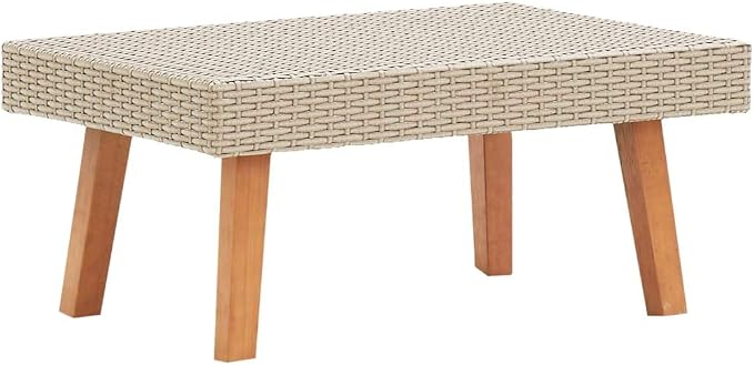 Patio Coffee Table Beige Synthetic Poly Rattan Outdoor Furniture for Garden Terrace Balcony Low Square Center Table with Powder Coated Metal Frame Teak Finish Accents