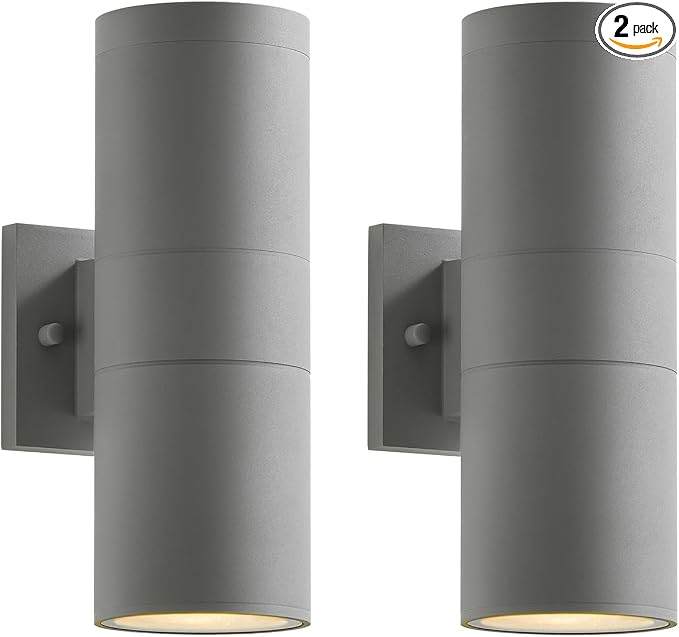 mirrea 12" Modern Outdoor Porch Light in 2 Lights, 2 Pack, Metallic Gray | Aluminum cylinder exterior fixtures, tempered glass cover, waterproof wall sconce & patio light for outdoor use.