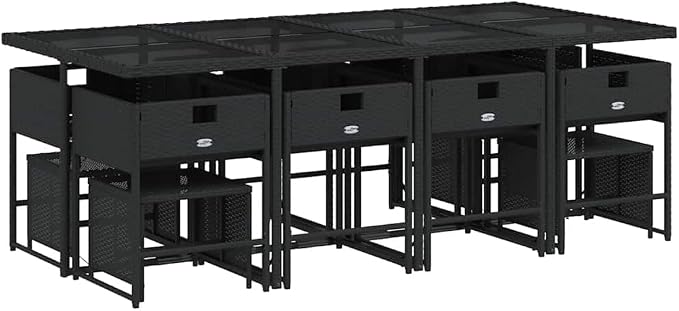 13-Piece Outdoor Dining Set, Large Rectangular Garden Table with 12 Foldable Chairs, PE Rattan Furniture for Patio, Backyard, and Balcony, Black