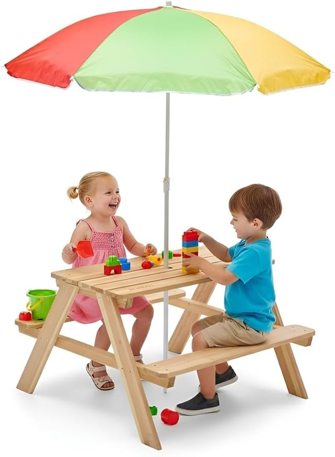 Plum® Wooden Kids Picnic Table - Outdoor Toddler Activity Table and Chair Set with Removable & Adjustable Umbrella, Built-in Bench, Backyard Furniture, Durable, Weatherproof, Easy to Clean, Ages 2+