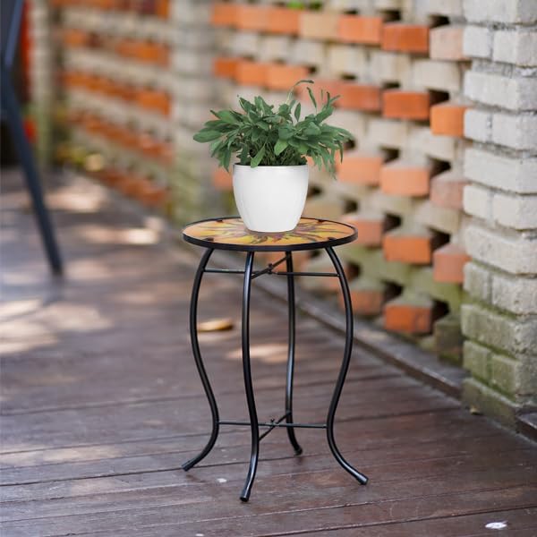13.5 Inch Round The Sun Glass Side Table, Patio Small Table, Outdoor Side Table, Outdoor Bar Table, Metal Glass End Table for Porch Garden Patio Pool Living Room