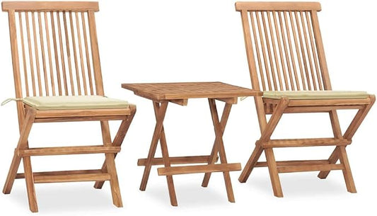 3-Piece Outdoor Dining Set, Solid Teak Wood Folding Bistro Set with 1 Square Table 2 Chairs and Cushions, Compact Patio Furniture for Balcony Garden and Terrace, Brown