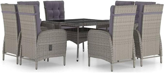 Afuera Living Synthetic Poly Rattan Patio Dining Set, 47.2 x 47.2 in Table, Gray Finish, 8 Armchairs with Cushions, Weather-Resistant, Modern Outdoor Furniture for Garden, Terrace, Backyard Dining