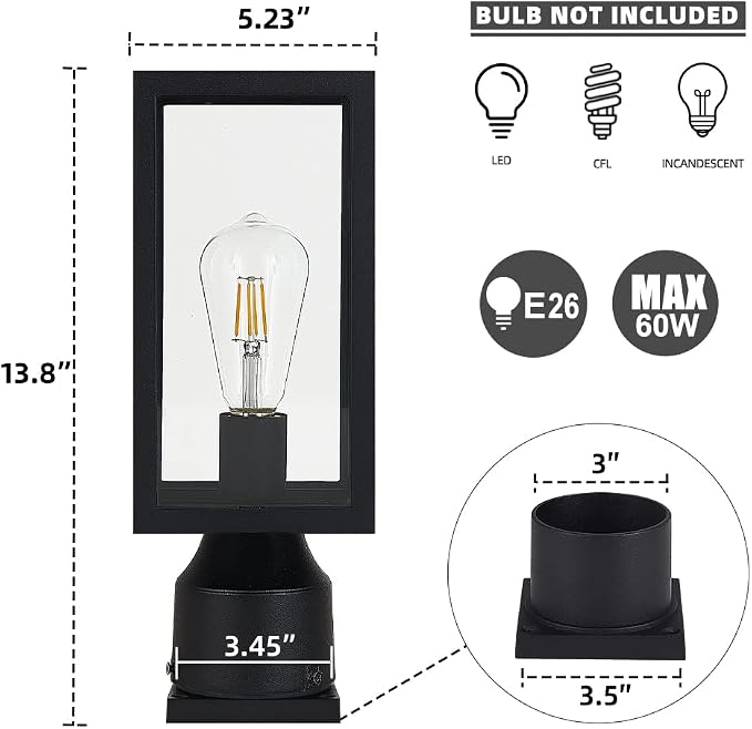 Windben Outdoor Post Light, Waterproof, 13.8in, Matte Black | Cast Aluminum Anti-Rust, Tempered Glass Panels, Comes with Pier Mount Base, For Garden, Yard, Driveway