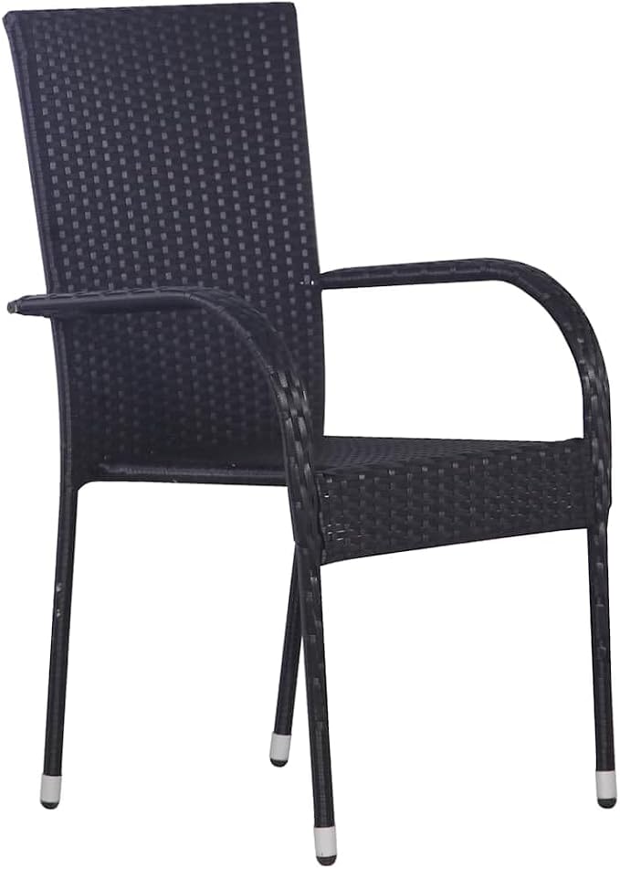 3-Piece Black PE Rattan Outdoor Bistro Set with Glass Top Table | Features space-saving stackable chairs and a weather-resistant steel frame for patio, balcony, or backyard dining.