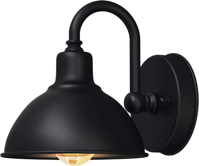 Barn Light Gooseneck Light, Small Farmhouse Outdoor Lighting | Black, 1-Light Outdoor Gooseneck Lighting, Farmhouse Wall Sconce, For Patio Porch Garage, 6.4" Diameter, 1pc, E26 Base