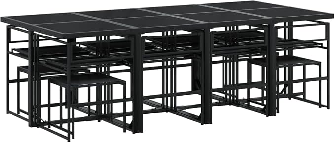 13 Piece Patio Dining Set with Cushions Black Textilene Outdoor Garden Furniture Table Seats Stackable for Backyard Al Fresco Dining Relaxing Tempered Glass Top