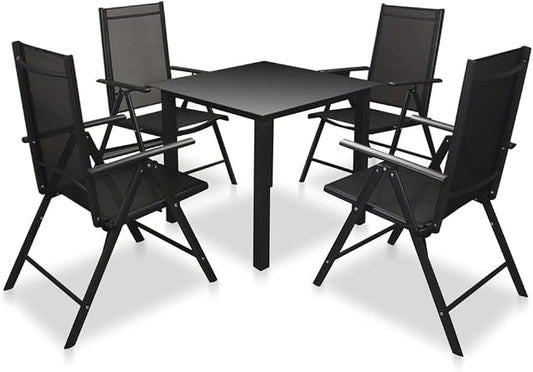 5-Piece Outdoor Patio Dining Set, Folding Metal Garden Table and 4 Chairs, Black Powder-Coated Aluminum and Textilene Bistro Set for Backyard, Balcony and Deck