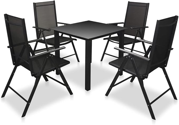 5 Piece Patio Dining Set with Folding Chairs Aluminum Black Outdoor Garden Furniture Table and 4 Reclining Chairs for Backyard Deck Porch