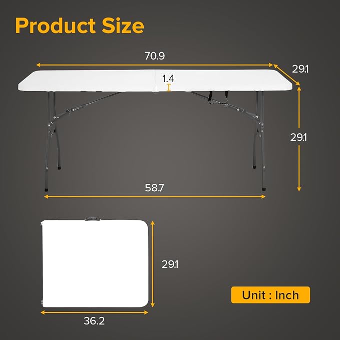 Dopinmin Folding Table 6FT Portable Heavy Duty Plastic Camping Table Foldable Tables Plastic Dining Tables Indoor Outdoor for Camping, Picnic and Party, White