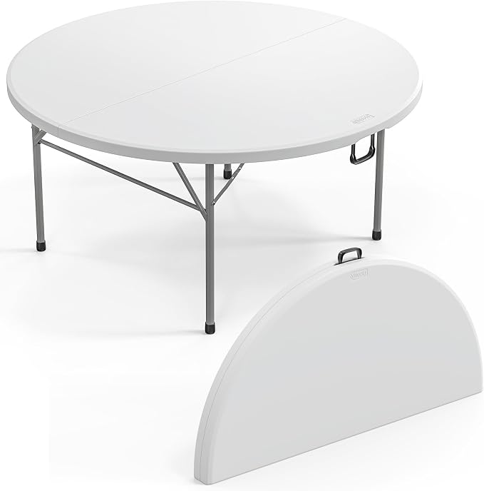 VINGLI White 5 FT Round Bi-Folding Commercial Table, 60 inch Portable Plastic Dining Card Table for Kitchen Party Wedding Event, 5-Pack