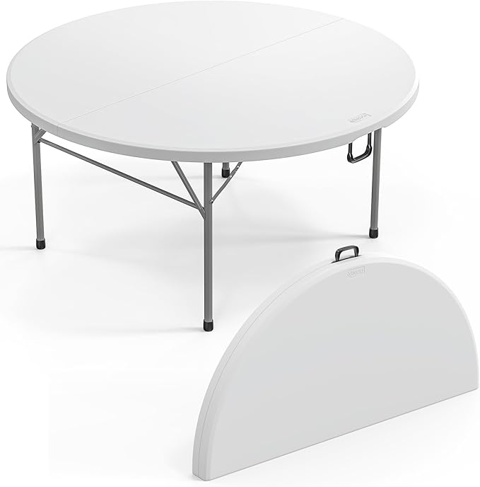 VINGLI White 5 FT Round Bi-Folding Commercial Table, 60 inch Portable Plastic Dining Card Table for Kitchen Party Wedding Event, 1-Pack