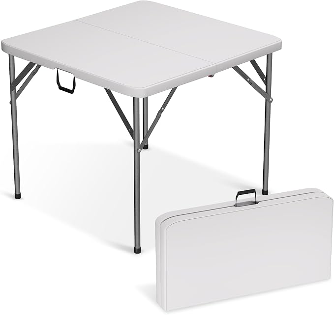 34" Folding Card Table, Heavy Duty HDPE Square Table, Fold-in-Half Portable Design with Carry Handle, Indoor Outdoor Utility Dining Table for Picnic, Camping, 330 lbs (White, 34in)