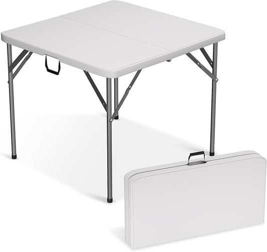 34" Folding Card Table, Heavy Duty HDPE Square Table, Fold-in-Half Portable Design with Carry Handle, Indoor Outdoor Utility Dining Table for Picnic, Camping, 330 lbs (White, 34in)