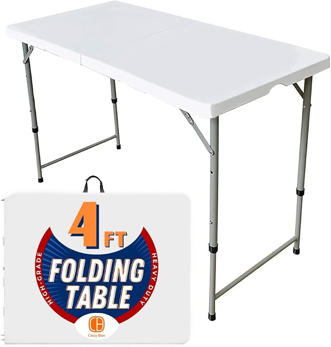 Folding Table Indoor Outdoor Heavy Duty Portable Folding Plastic Dining Table w/Handle, Lock for Picnic, Party, Camping - White (4ft, 6ft, 8ft) (4ft)