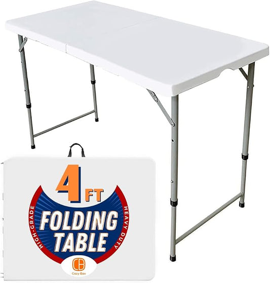 Folding Table Indoor Outdoor Heavy Duty Portable Folding Plastic Dining Table w/Handle, Lock for Picnic, Party, Camping - White (4ft, 6ft, 8ft) (4ft)