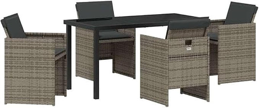 Afuera Living 5 Piece Patio Dining Set, Poly Rattan and Tempered Glass Table, Gray Cushioned Chairs, Weather-Resistant Outdoor Seating, Modern Design for Garden or Outdoor Dining