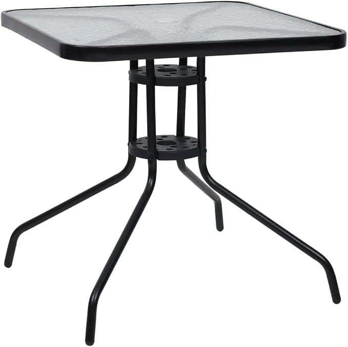 vidaXL Patio Table, Outdoor Dining Table with Glass Top, Garden Table for Front Porch Deck Lawn Backyard Balcony, Modern Style, Black Steel