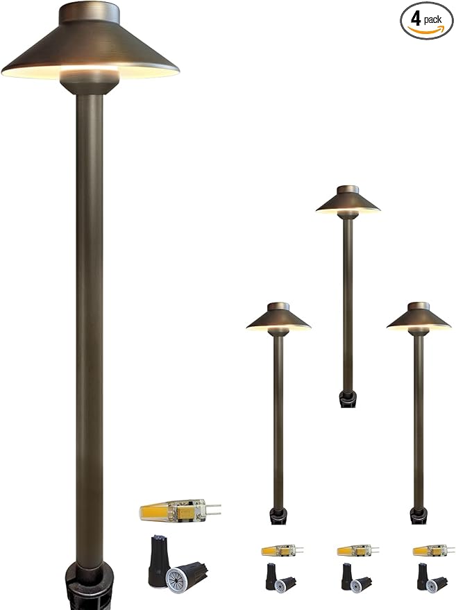 COLOER Brass Low Voltage Pathway Lights Wired 4-Pack with 3W LED G4 Bulb,12V Waterproof China Hat Outdoor Path Lighting for Yard, Patio, Landscape, Planter, Walkway(602B)