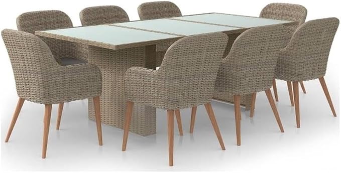 BOWERY HILL 9-Piece Outdoor Patio Dining Set, Brown PE Rattan, Glass Table, Powder-Coated Finish, Removable Cushioned Covers, Seating for 8, Durable Garden Furniture for Terrace or Balcony Use