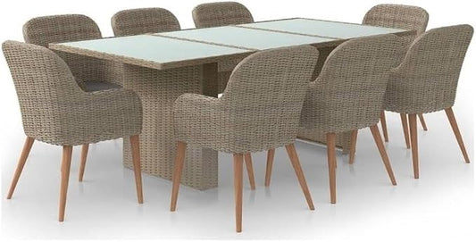 BOWERY HILL 9-Piece Outdoor Patio Dining Set, Brown PE Rattan, Glass Table, Powder-Coated Finish, Removable Cushioned Covers, Seating for 8, Durable Garden Furniture for Terrace or Balcony Use