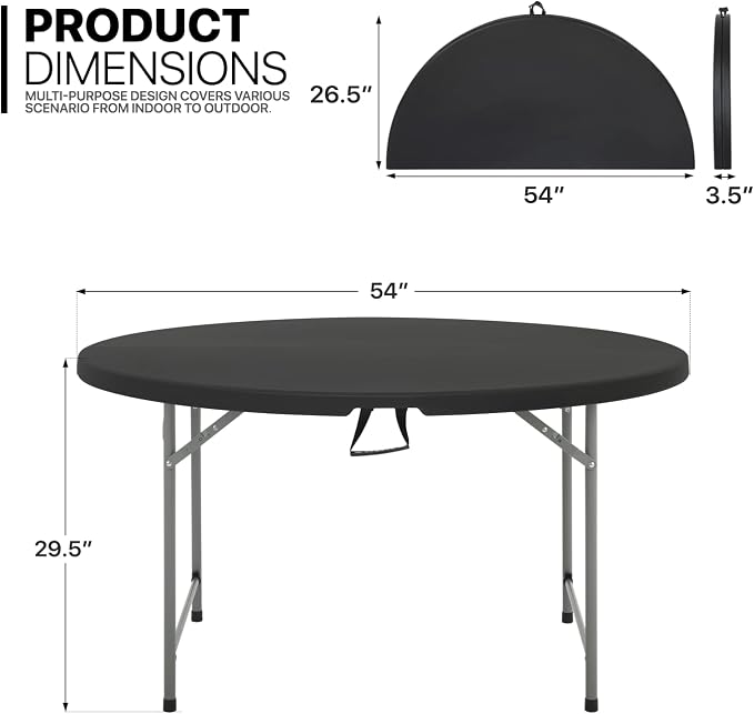 Magshion Folding Table Chair Set, 4.5Ft Heavy Duty Round Table Desk and 10pcs Black Fold Plastic Chair for Indoor Picnic Kitchen Outdoor