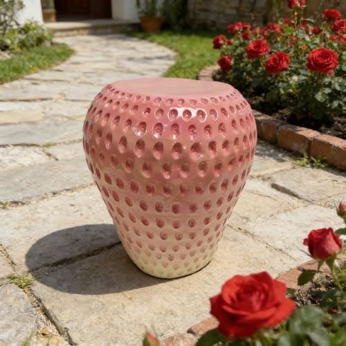 13.4" Oversized Resin Side Table, Strawberry Pink Fruit Stool Indoor Outdoor Plant Stand Statue Table, Waterproof Garden Decoration, Multi-Purpose Kids Seat Patio Furniture (Strawberry Pink)