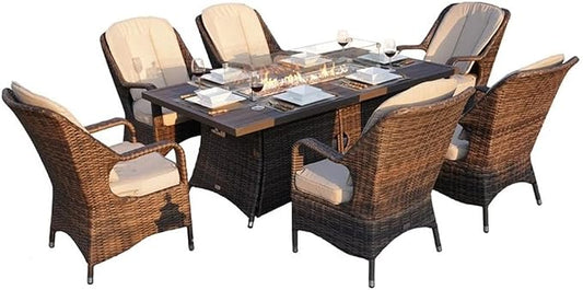 Brown Aluminum 6-Seat Patio Rectangle Firepit Dining Set with Chairs