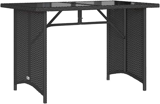 Modern Outdoor Dining Table with Tempered Glass Top and Black Poly Rattan Frame on Powder Coated Steel Base for Patio Garden