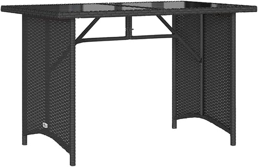 vidaXL Patio Table with Glass Top, Garden Dining Table with Steel Frame, Rectangular Outdoor Furniture, Modern Style, Black Poly Rattan