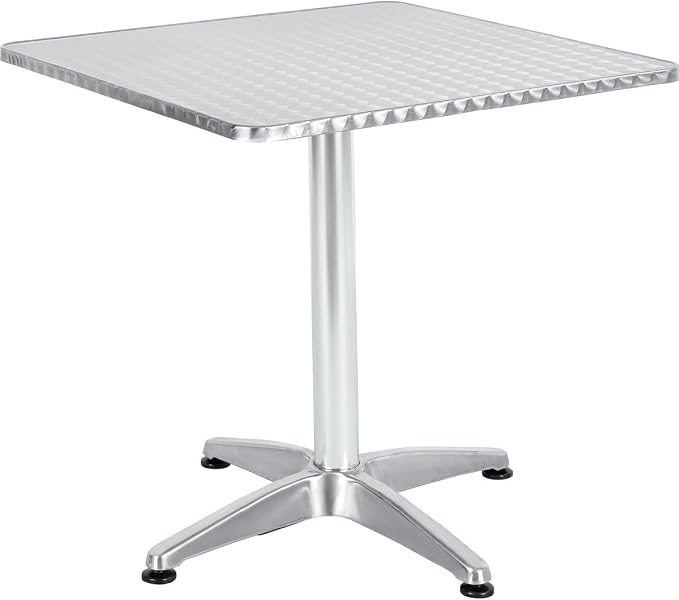 BTEXPERT 27.5" Square Patio Table – Indoor Outdoor Stainless Steel Dining Table with Aluminum Base, Commercial Restaurant Café Bistro Furniture – Weather-Resistant Silver Finish